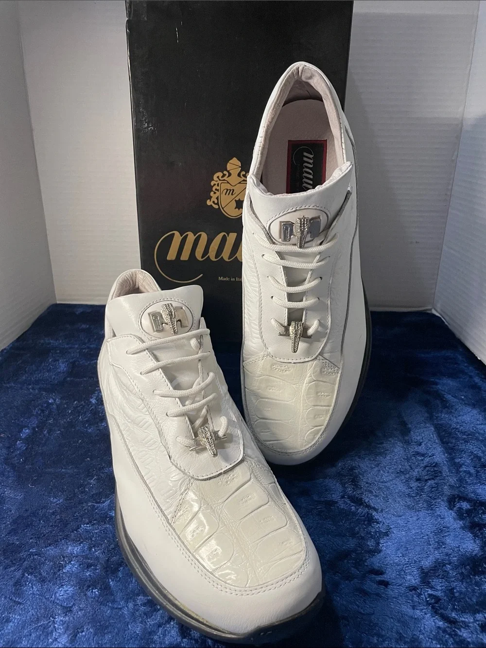 Mauri Napa white Leather and crocodile skin sneakers, size 13, in box.